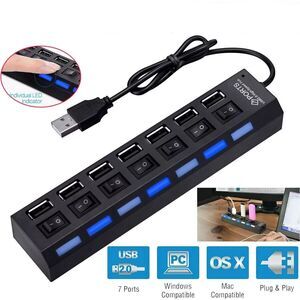 7-Port USB 2.0 Multi Charger Hub + High Speed Adapter ON/OFF Switch Laptop PC US